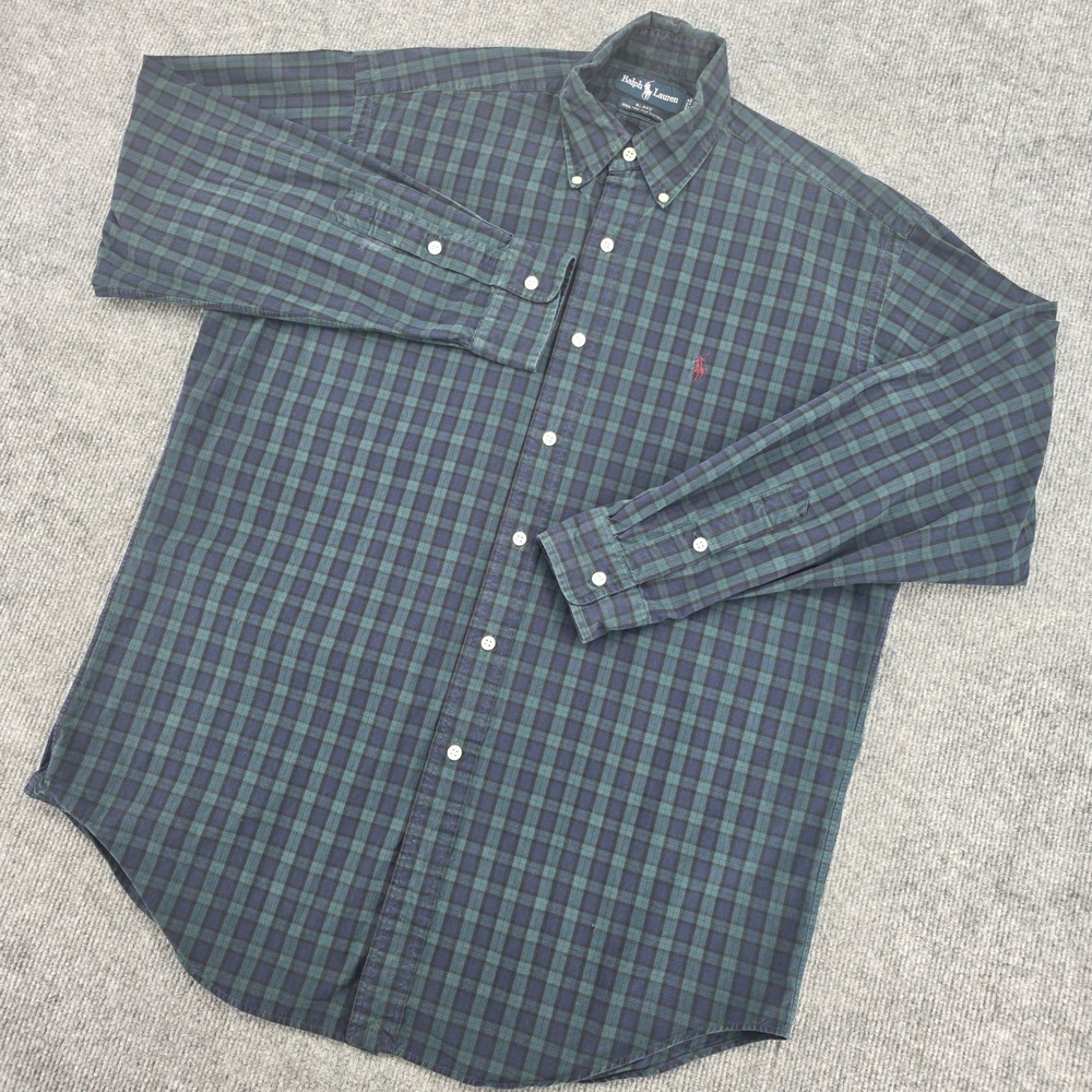 Ralph Lauren Blake Mens M Plaid Button Down Shirt Blue Green Two Ply Cotton